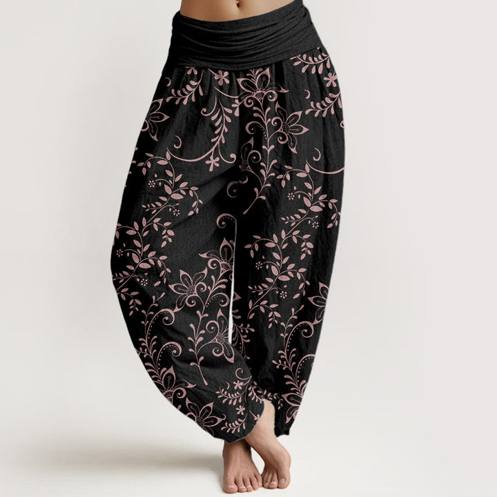 Buddha Stones Damen-Haremshose aus reiner Baumwolle mit Blumenranken-Design und elastischer Taille