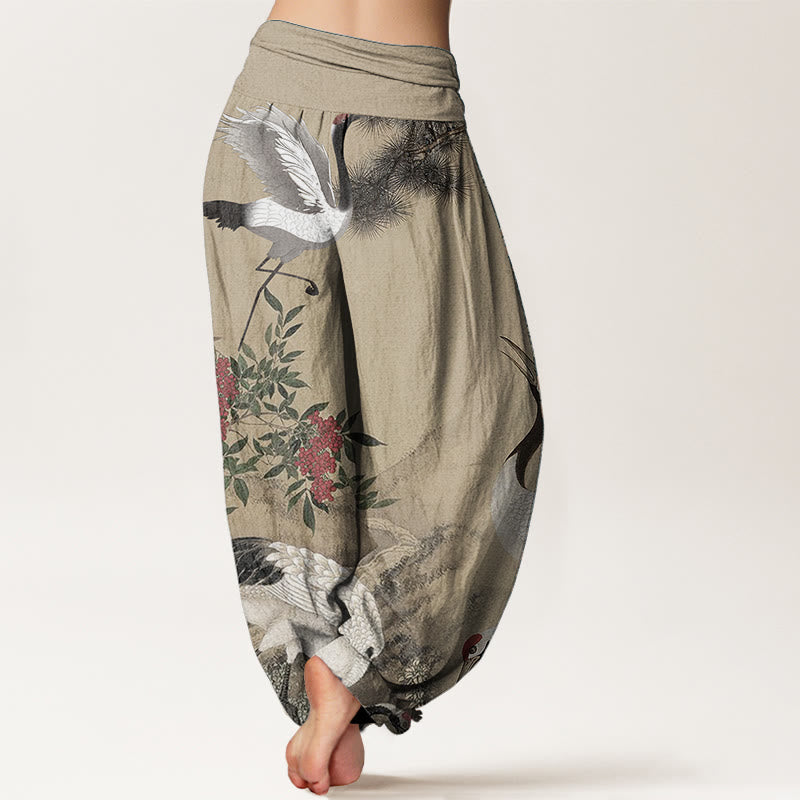 Buddha Stones Damen-Haremshose aus reiner Baumwolle mit elastischer Taille und Mandschurenkranich-Kiefern-Bergmotiv