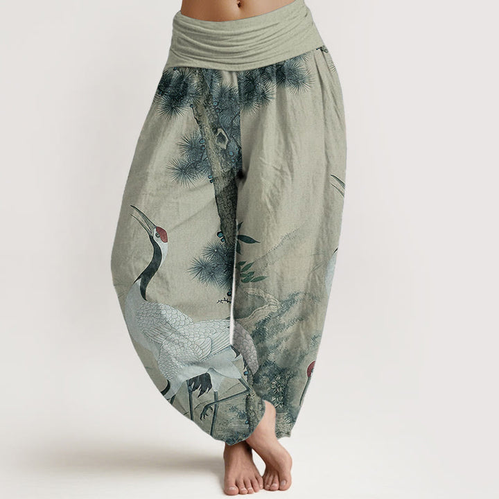 Buddha Stones Damen-Haremshose aus reiner Baumwolle mit elastischer Taille und Mandschurenkranich-Kiefern-Bergmotiv - Dunkelmeergrün - US22, UK/AU26, EU54 (6XL) - image 5