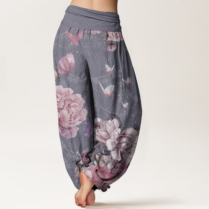 Buddha Stones Damen-Haremshose aus reiner Baumwolle mit elastischer Taille und leuchtenden Pfingstrosenblumen und Schmetterlingen