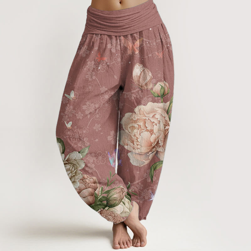 Buddha Stones Damen-Haremshose aus reiner Baumwolle mit elastischer Taille und leuchtenden Pfingstrosenblumen und Schmetterlingen