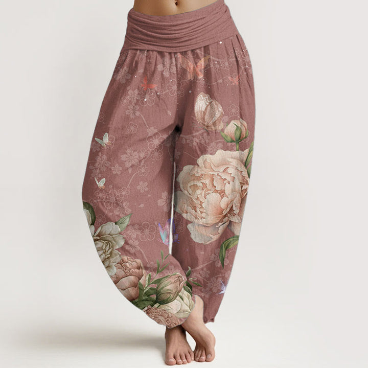 Buddha Stones Damen-Haremshose aus reiner Baumwolle mit elastischer Taille und leuchtenden Pfingstrosenblumen und Schmetterlingen