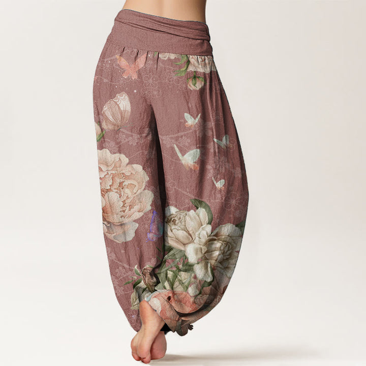 Buddha Stones Damen-Haremshose aus reiner Baumwolle mit elastischer Taille und leuchtenden Pfingstrosenblumen und Schmetterlingen