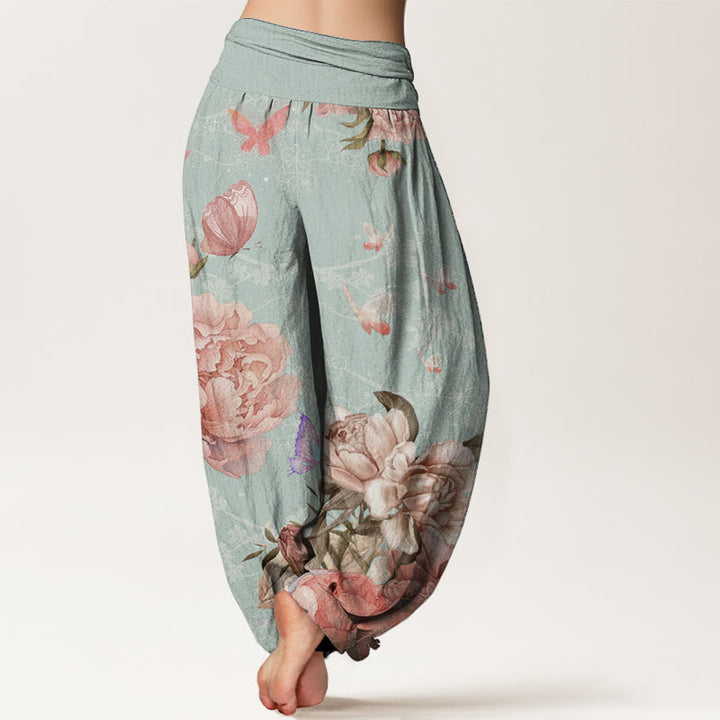 Buddha Stones Damen-Haremshose aus reiner Baumwolle mit elastischer Taille und leuchtenden Pfingstrosenblumen und Schmetterlingen