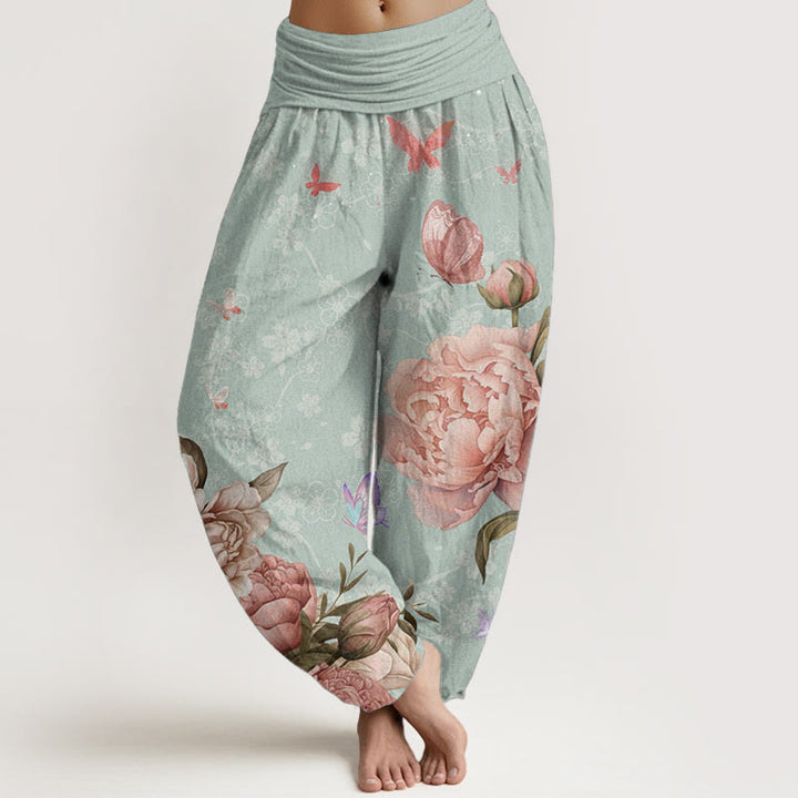 Buddha Stones Damen-Haremshose aus reiner Baumwolle mit elastischer Taille und leuchtenden Pfingstrosenblumen und Schmetterlingen