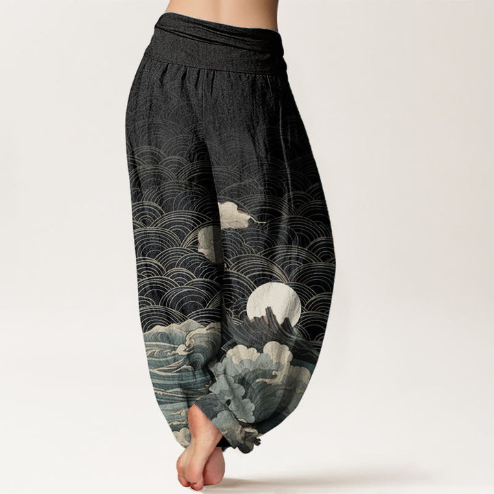 Buddha Stones Damen Haremshose aus reiner Baumwolle mit Wellen-, Mond- und Bergmuster und elastischer Taille