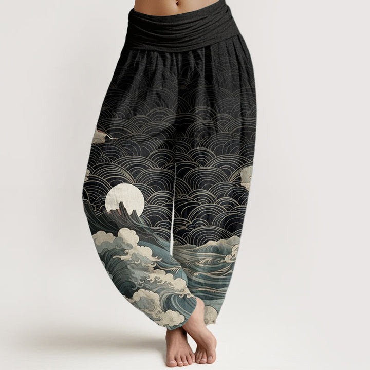 Buddha Stones Damen Haremshose aus reiner Baumwolle mit Wellen-, Mond- und Bergmuster und elastischer Taille