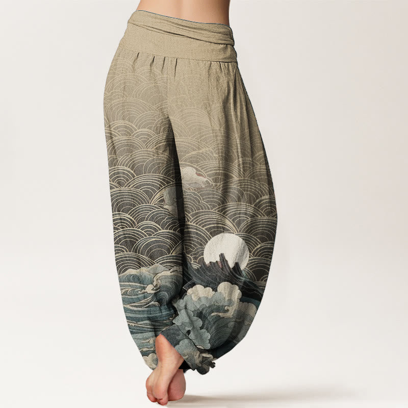 Buddha Stones Damen Haremshose aus reiner Baumwolle mit Wellen-, Mond- und Bergmuster und elastischer Taille