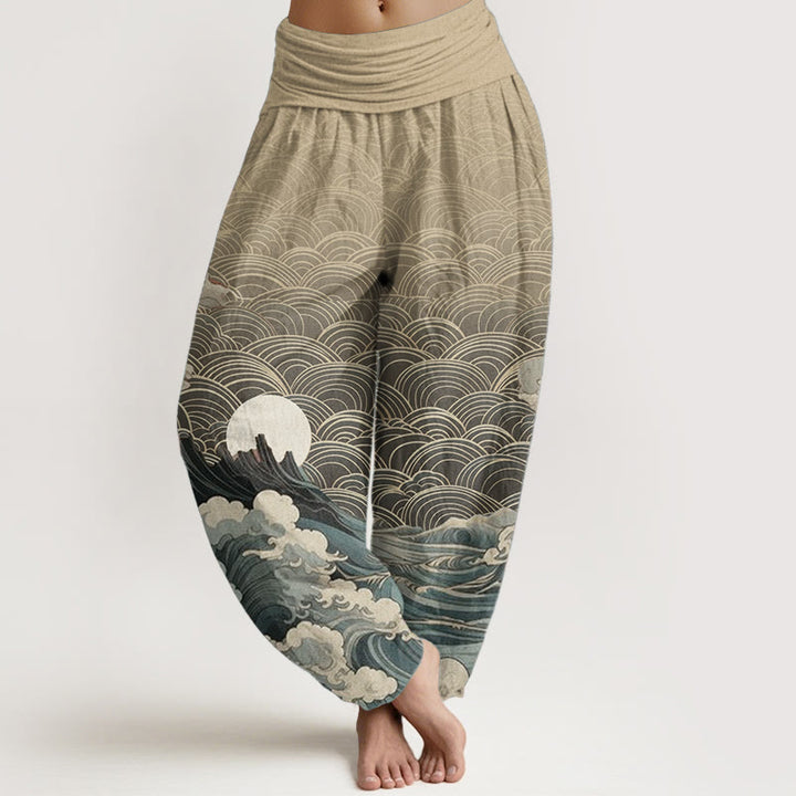 Buddha Stones Damen Haremshose aus reiner Baumwolle mit Wellen-, Mond- und Bergmuster und elastischer Taille