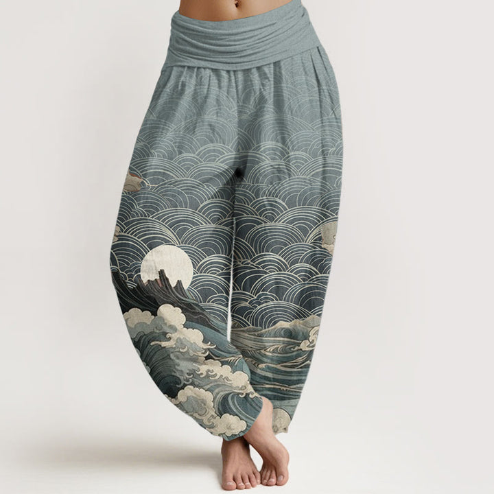 Buddha Stones Damen Haremshose aus reiner Baumwolle mit Wellen-, Mond- und Bergmuster und elastischer Taille