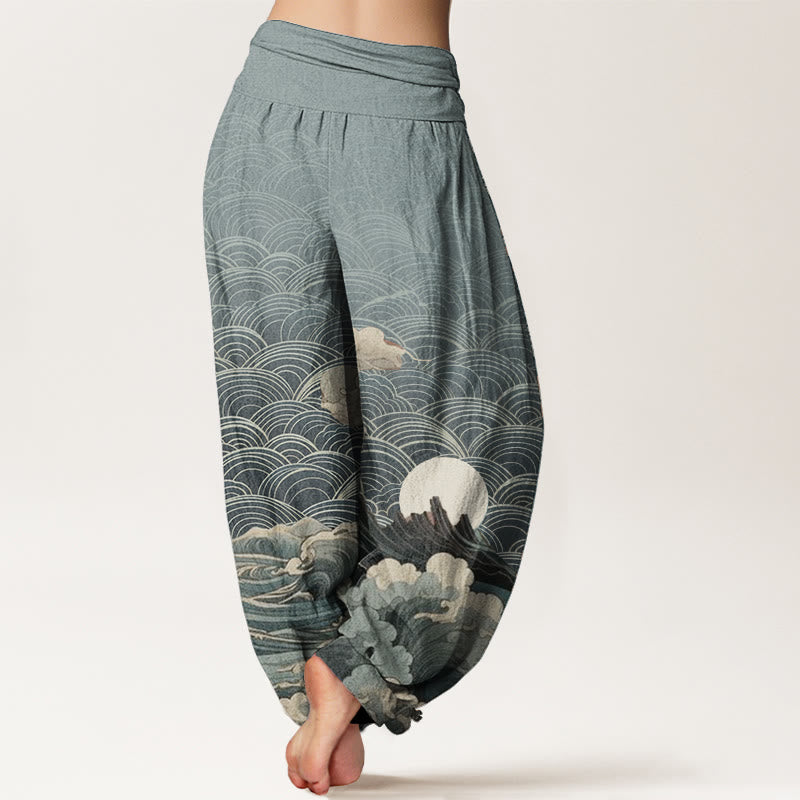 Buddha Stones Damen Haremshose aus reiner Baumwolle mit Wellen-, Mond- und Bergmuster und elastischer Taille