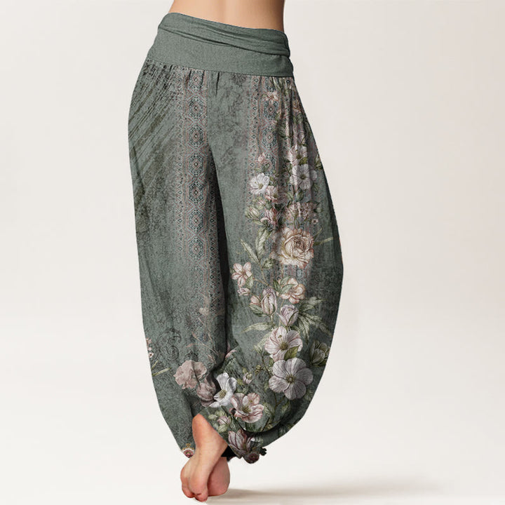 Haremshose mit Buddha Stones, reiner Baumwolle, ethnisches Blumenmuster, ethnisches Totem-Muster, elastische Taille für Damen