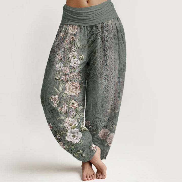 Haremshose mit Buddha Stones, reiner Baumwolle, ethnisches Blumenmuster, ethnisches Totem-Muster, elastische Taille für Damen