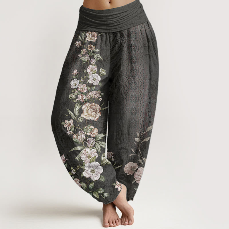 Haremshose mit Buddha Stones, reiner Baumwolle, ethnisches Blumenmuster, ethnisches Totem-Muster, elastische Taille für Damen