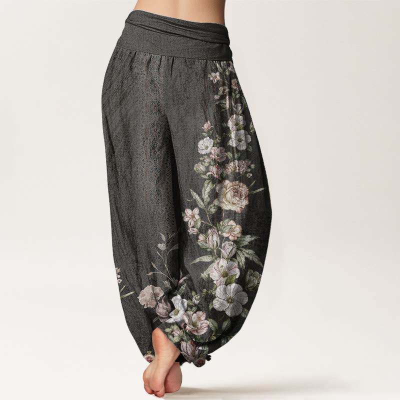 Haremshose mit Buddha Stones, reiner Baumwolle, ethnisches Blumenmuster, ethnisches Totem-Muster, elastische Taille für Damen