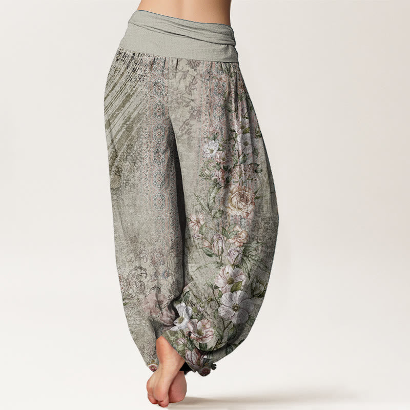 Haremshose mit Buddha Stones, reiner Baumwolle, ethnisches Blumenmuster, ethnisches Totem-Muster, elastische Taille für Damen