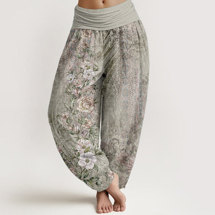 Haremshose mit Buddha Stones, reiner Baumwolle, ethnisches Blumenmuster, ethnisches Totem-Muster, elastische Taille für Damen