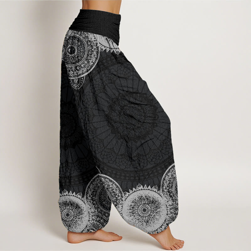 Haremshose für Damen mit elastischer Taille und Buddha Stones aus reiner Baumwolle, kreisförmiges Mandala-Design