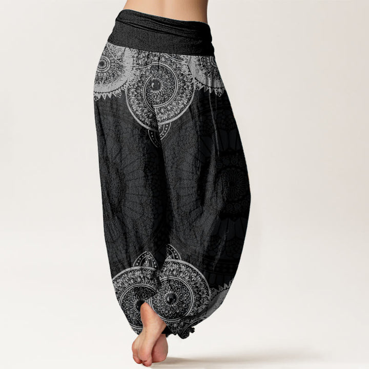 Haremshose für Damen mit elastischer Taille und Buddha Stones aus reiner Baumwolle, kreisförmiges Mandala-Design