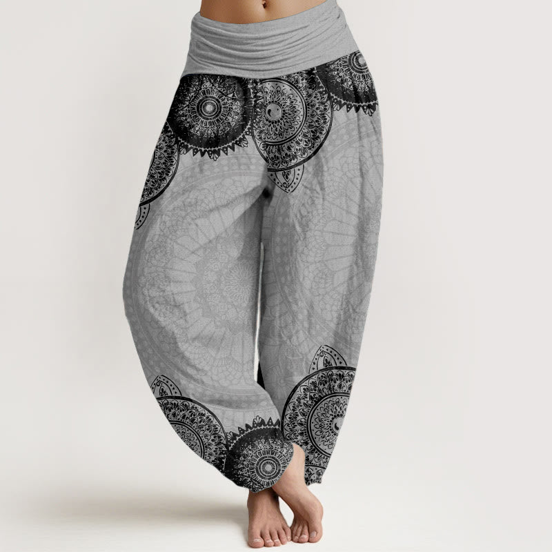Haremshose für Damen mit elastischer Taille und Buddha Stones aus reiner Baumwolle, kreisförmiges Mandala-Design