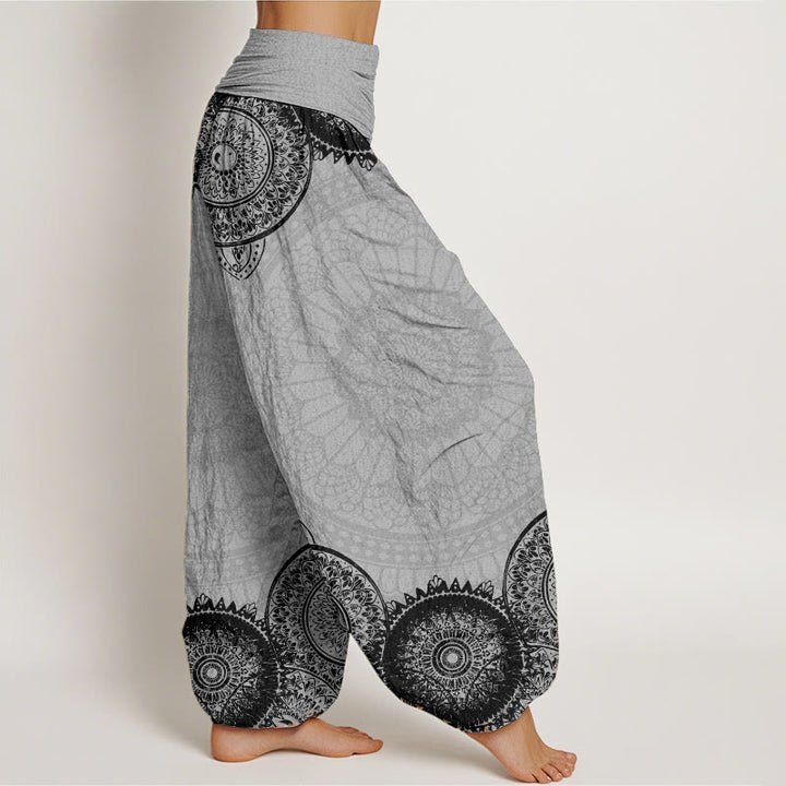 Haremshose für Damen mit elastischer Taille und Buddha Stones aus reiner Baumwolle, kreisförmiges Mandala-Design