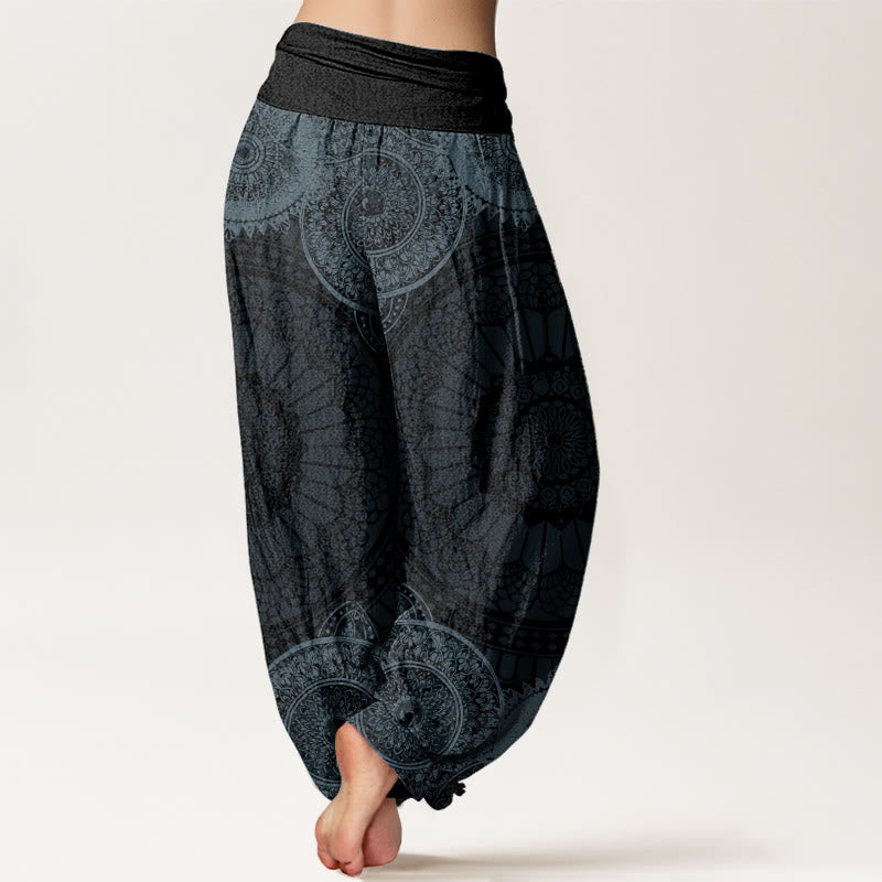 Haremshose für Damen mit elastischer Taille und Buddha Stones aus reiner Baumwolle, kreisförmiges Mandala-Design