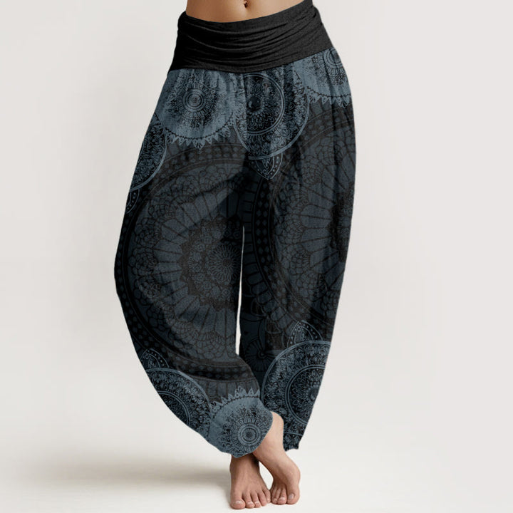Haremshose für Damen mit elastischer Taille und Buddha Stones aus reiner Baumwolle, kreisförmiges Mandala-Design
