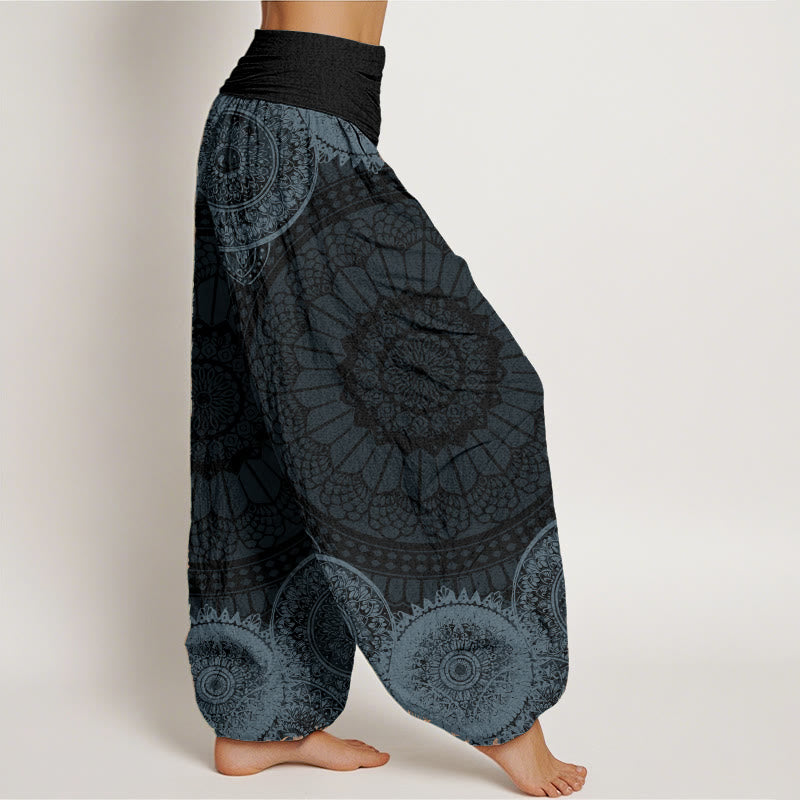 Haremshose für Damen mit elastischer Taille und Buddha Stones aus reiner Baumwolle, kreisförmiges Mandala-Design