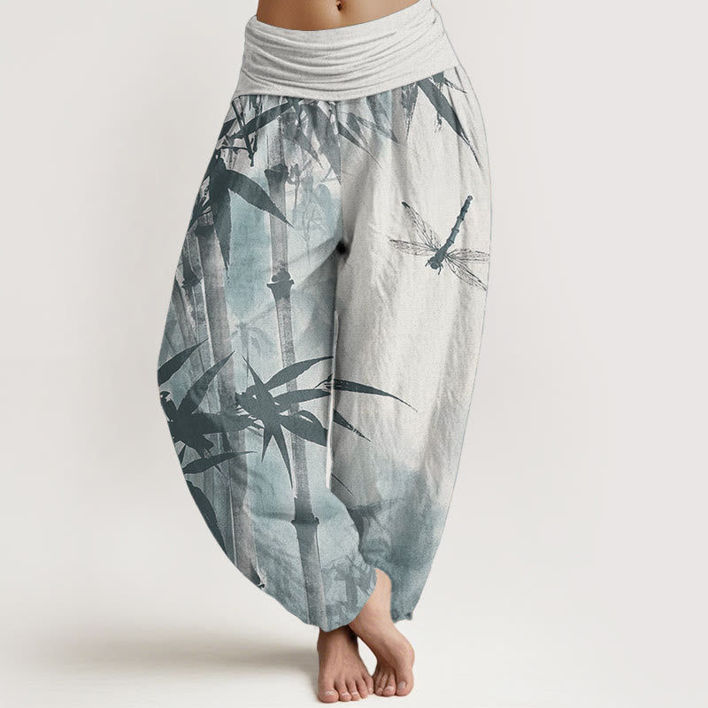 Buddha Stones Damen Haremshose aus reiner Baumwolle mit Bambusblättern und Libellenmuster und elastischer Taille - Leinen - US22, UK/AU26, EU54 (6XL) - image 9