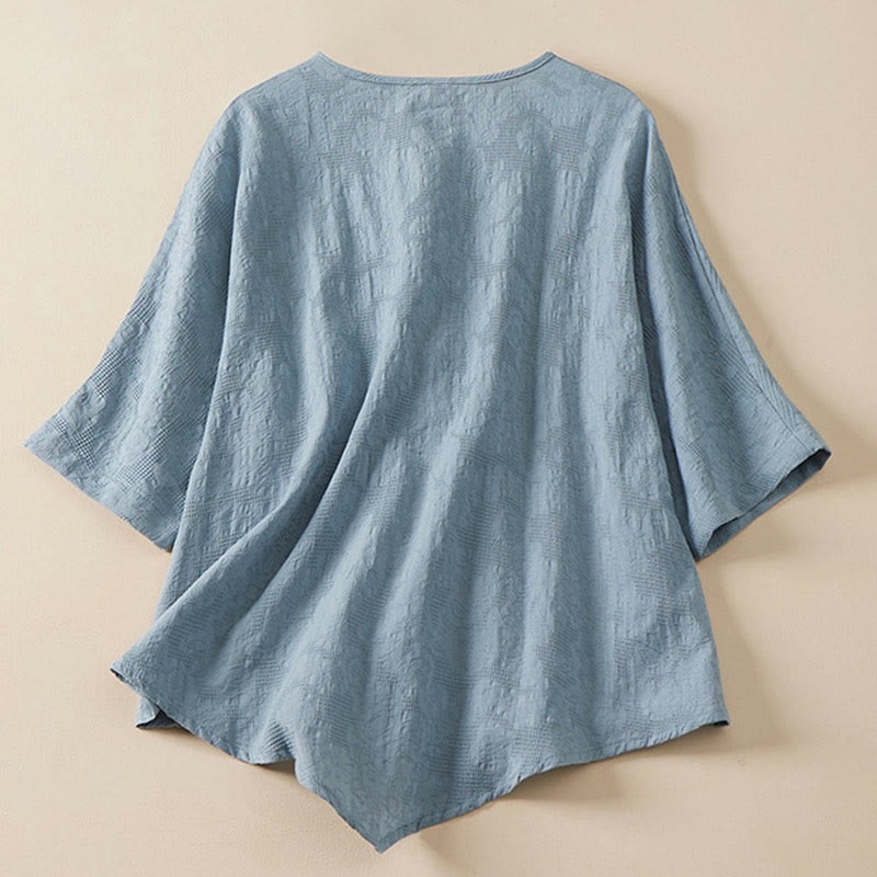 Buddha Stones Lässiges Damenhemd aus Baumwolle und Leinen mit Blumen- und Frosch-Knopfleiste und halblangen Ärmeln - image 2