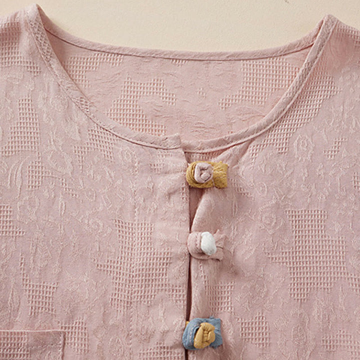 Buddha Stones Lässiges Damenhemd aus Baumwolle und Leinen mit Blumen- und Frosch-Knopfleiste und halblangen Ärmeln - image 6