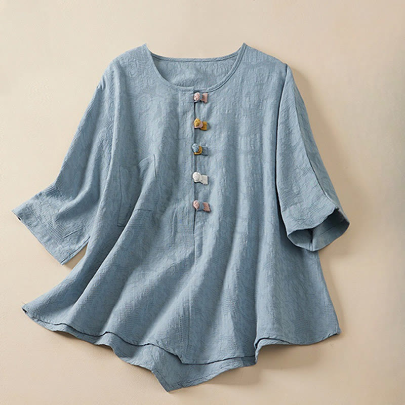 Buddha Stones Casual Flower Colorful Frog Button Half Sleeve Women's Shirt - Hellblau - US 8-10, UK/AU 12-14, EU 40-42 (2XL) - image 0