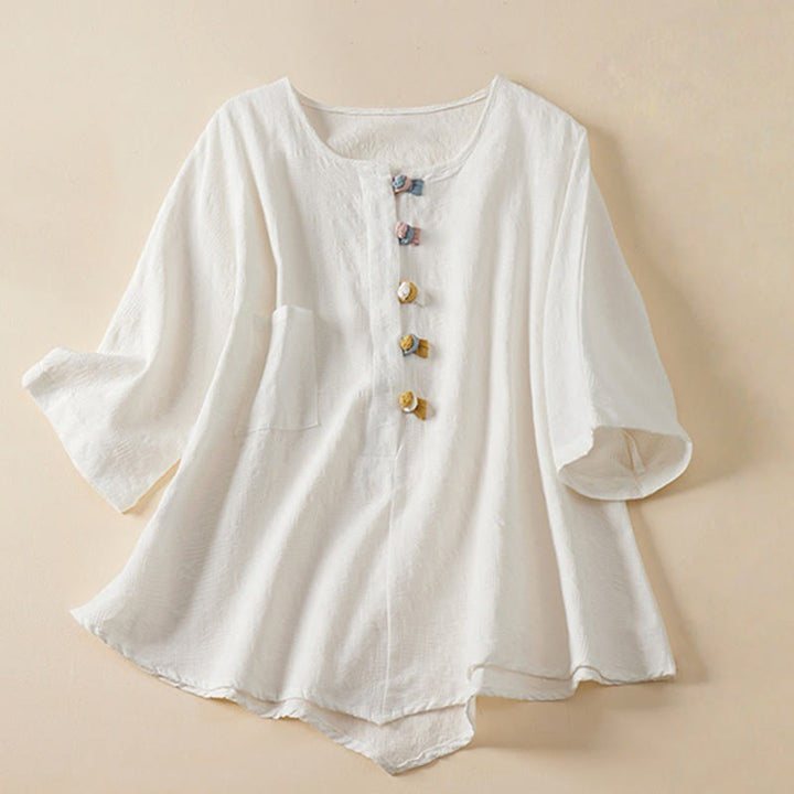 Buddha Stones Lässiges Damenhemd aus Baumwolle und Leinen mit Blumen- und Frosch-Knopfleiste und halblangen Ärmeln - Weiß - US 8-10, UK/AU 12-14, EU 40-42 (2XL) - image 14