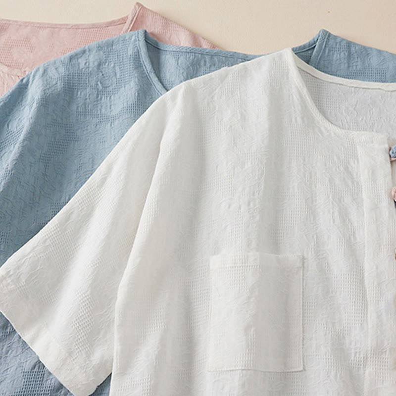 Buddha Stones Lässiges Damenhemd aus Baumwolle und Leinen mit Blumen- und Frosch-Knopfleiste und halblangen Ärmeln - image 16