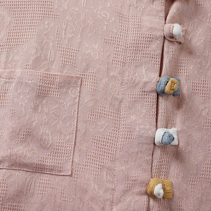 Buddha Stones Lässiges Damenhemd aus Baumwolle und Leinen mit Blumen- und Frosch-Knopfleiste und halblangen Ärmeln - image 8