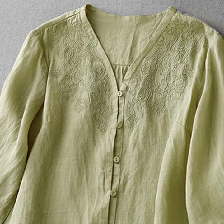 Buddha Stones Künstlerische reine Farbe Besticktes Knopfdesign vorne Damen Baumwollhemd mit halben Ärmeln Strickjacke - image 17