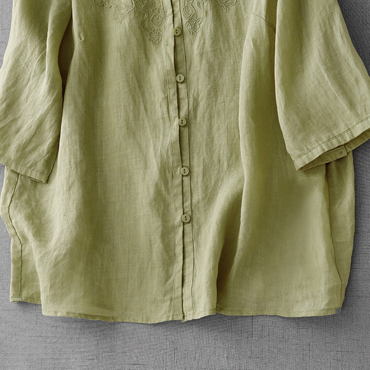Buddha Stones Künstlerische reine Farbe Besticktes Knopfdesign vorne Damen Baumwollhemd mit halben Ärmeln Strickjacke - image 18