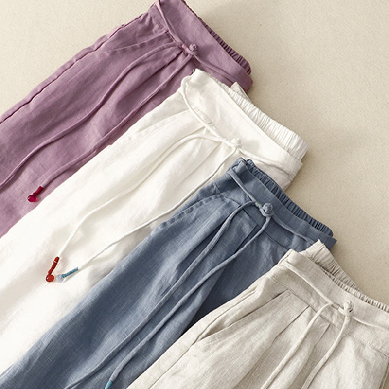 Buddha Stones Frühlings-Lässige, einfarbige Hose mit Kordelzug, Damen-Baumwollleinen, Länge 7–8, weites Bein, mit Taschen - image 19