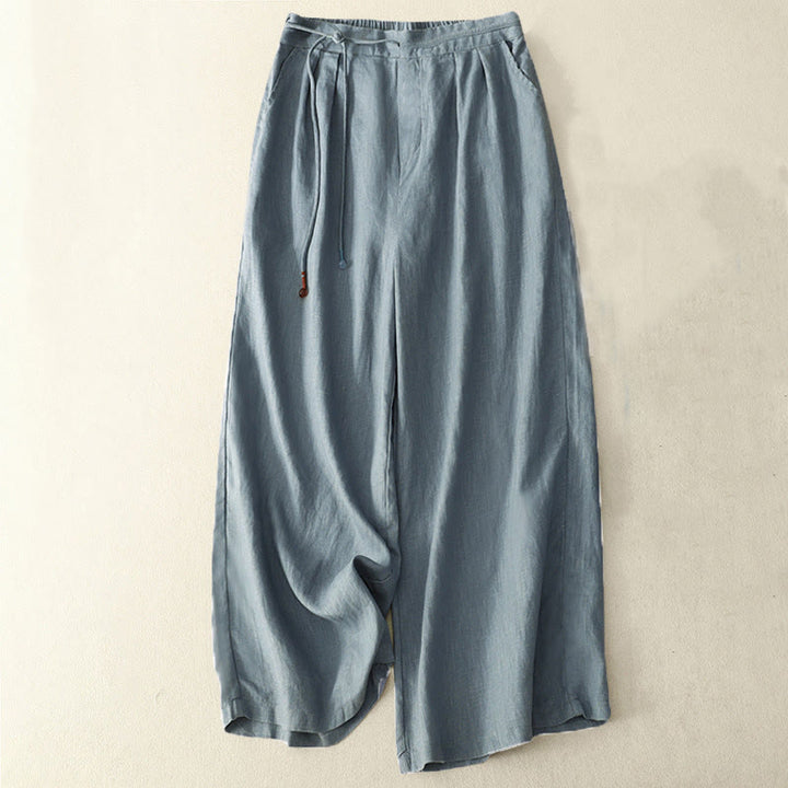 Buddha Stones Frühlings-Lässige, einfarbige Hose mit Kordelzug, Damen-Baumwollleinen, Länge 7–8, weites Bein, mit Taschen