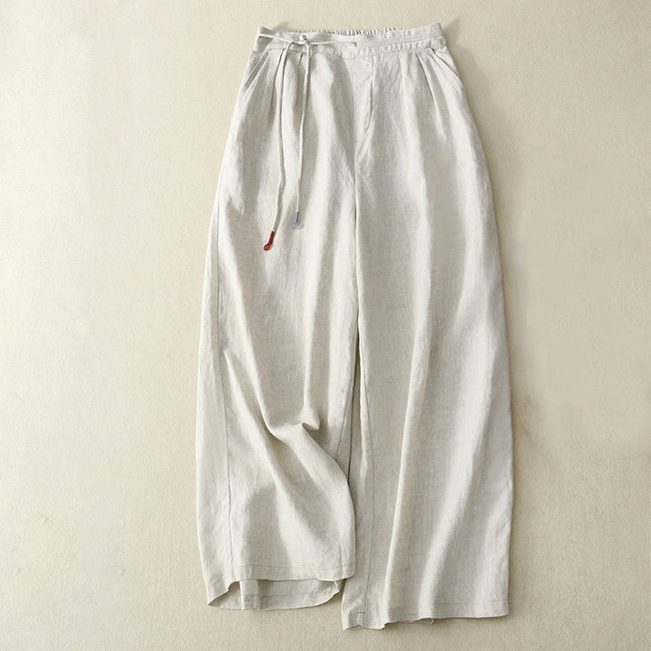 Buddha Stones Frühlings-Lässige, einfarbige Hose mit Kordelzug, Damen-Baumwollleinen, Länge 7–8, weites Bein, mit Taschen