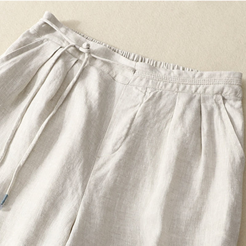 Buddha Stones Frühlings-Lässige, einfarbige Hose mit Kordelzug, Damen-Baumwollleinen, Länge 7–8, weites Bein, mit Taschen - image 12