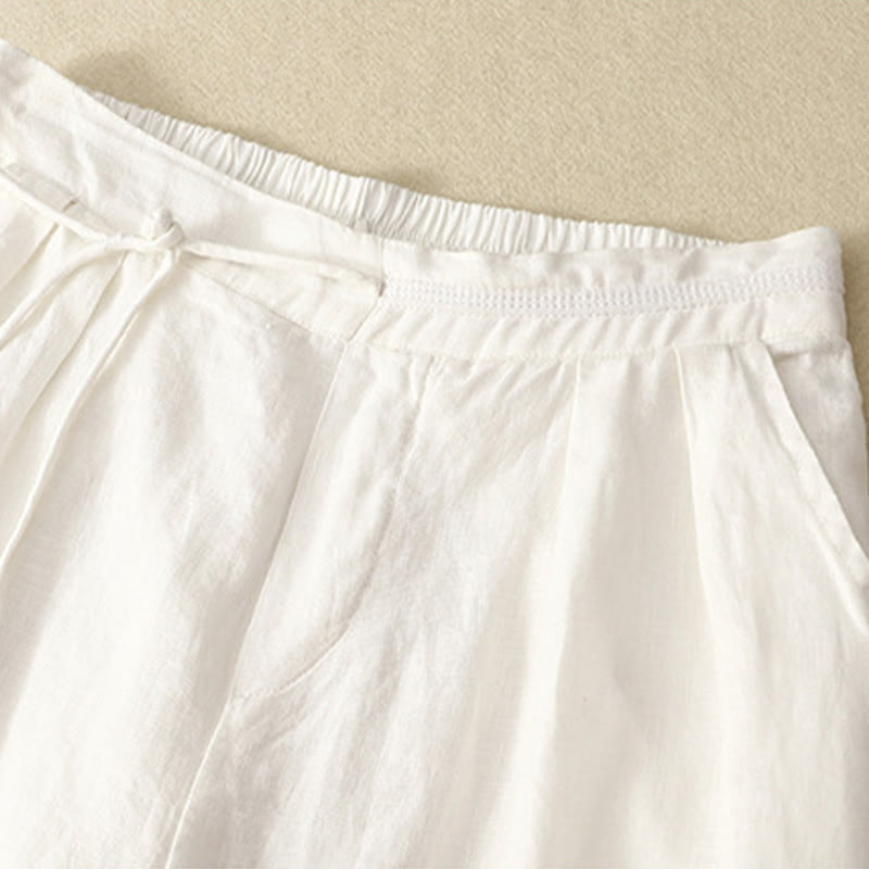 Buddha Stones Frühlings-Lässige, einfarbige Hose mit Kordelzug, Damen-Baumwollleinen, Länge 7–8, weites Bein, mit Taschen - image 4