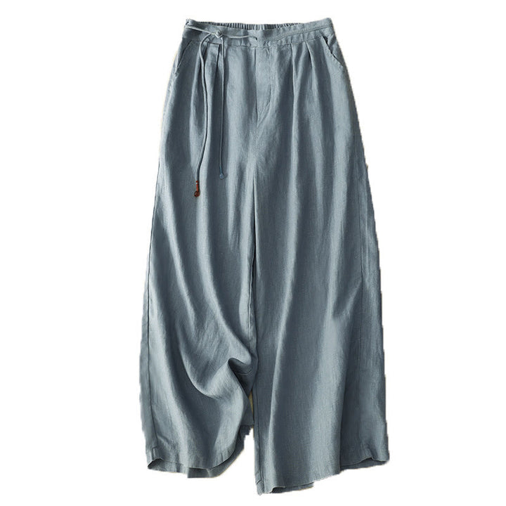 Buddha Stones Frühlings-Lässige, einfarbige Hose mit Kordelzug, Damen-Baumwollleinen, Länge 7–8, weites Bein, mit Taschen