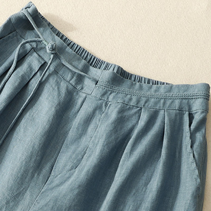 Buddha Stones Frühlings-Lässige, einfarbige Hose mit Kordelzug, Damen-Baumwollleinen, Länge 7–8, weites Bein, mit Taschen - image 7