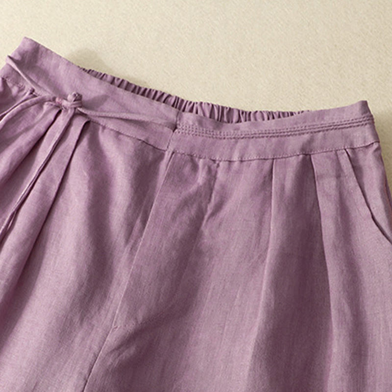 Buddha Stones Frühlings-Lässige, einfarbige Hose mit Kordelzug, Damen-Baumwollleinen, Länge 7–8, weites Bein, mit Taschen - image 1