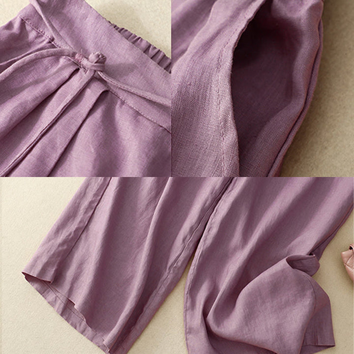 Buddha Stones Frühlings-Lässige, einfarbige Hose mit Kordelzug, Damen-Baumwollleinen, Länge 7–8, weites Bein, mit Taschen - image 2