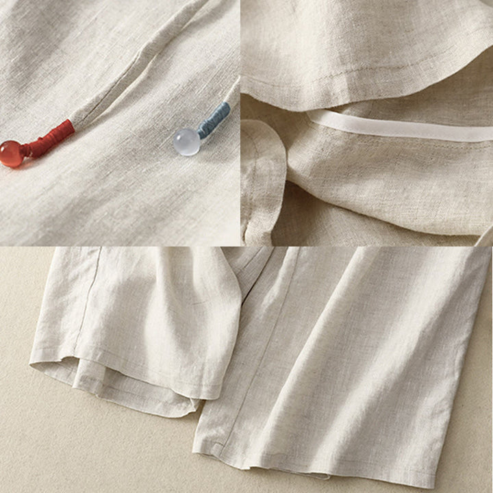 Buddha Stones Frühlings-Lässige, einfarbige Hose mit Kordelzug, Damen-Baumwollleinen, Länge 7–8, weites Bein, mit Taschen