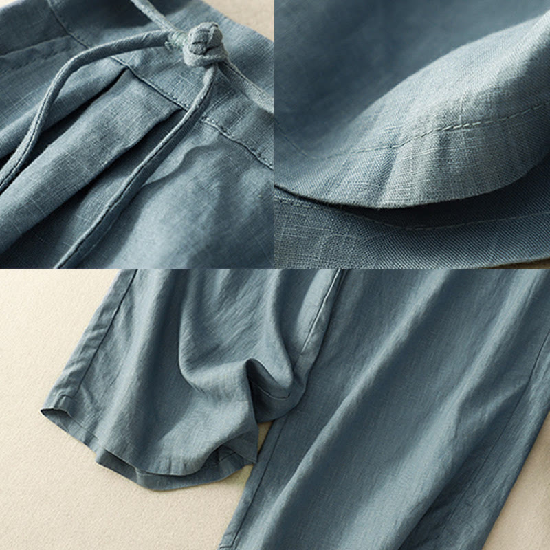 Buddha Stones Frühlings-Lässige, einfarbige Hose mit Kordelzug, Damen-Baumwollleinen, Länge 7–8, weites Bein, mit Taschen - image 8