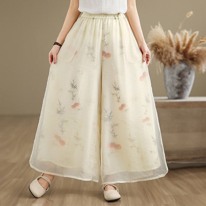 Buddha Stones Spring Vintage Printing Pflanzenmuster Doppellagiges Design Damenhose aus Baumwolle mit weitem Bein und Taschen