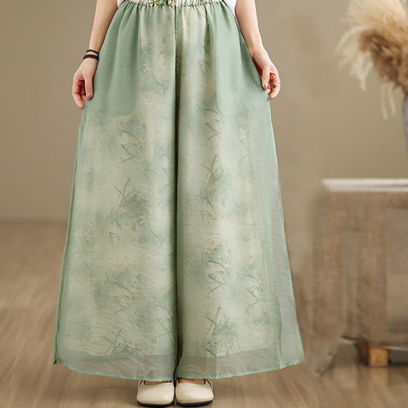 Buddha Stones Spring Vintage Printing Pflanzenmuster Doppellagiges Design Damenhose aus Baumwolle mit weitem Bein und Taschen